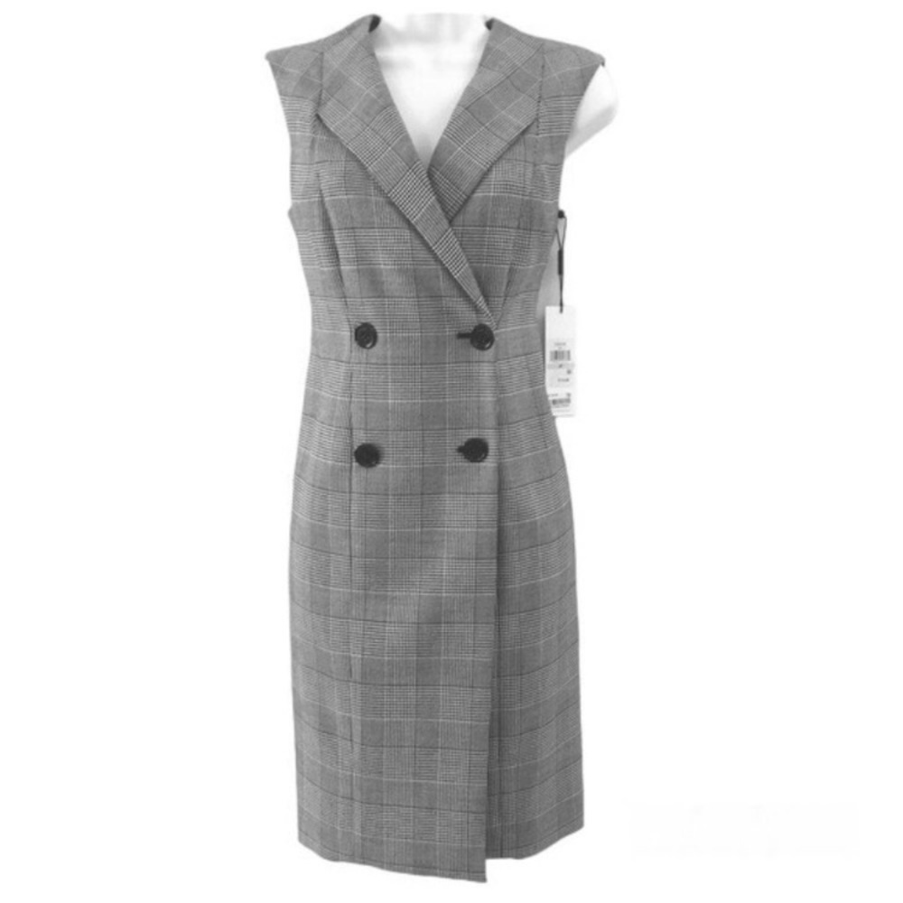 Calvin Klein Gray Plaid Sleeveless Coat Blazer Dress Double Breasted Lined